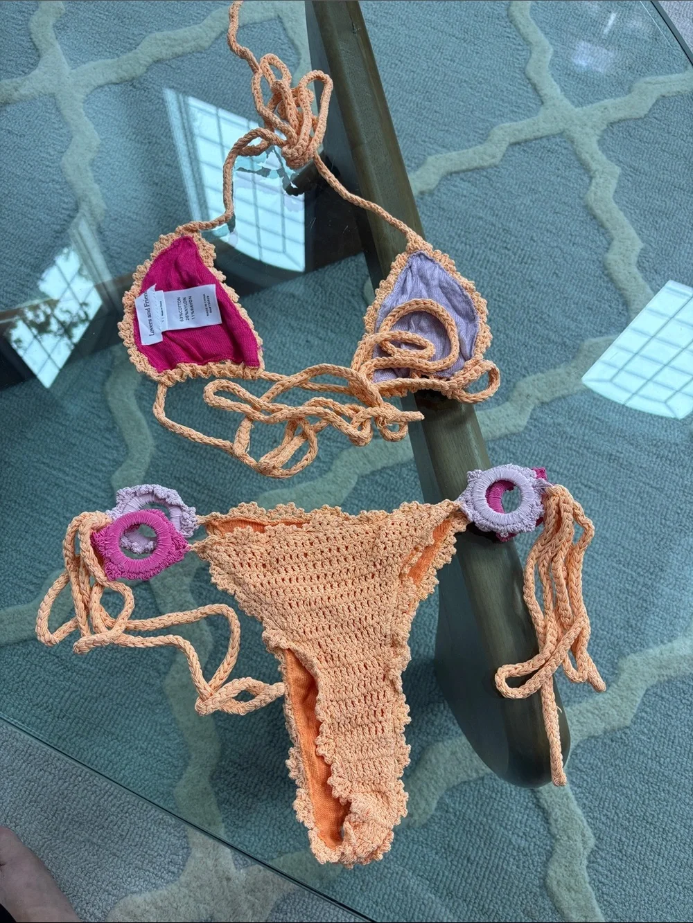 Lovers + Friends Peach Crochet Tie Bikini with Pink & Lavender Accents - Picture 2 of 3